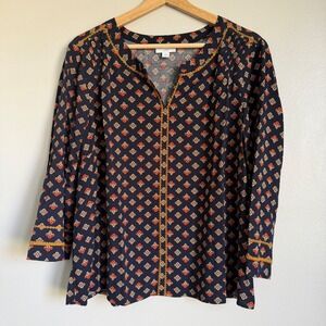J. Jill Petite Navy Blue Geometric Tile Print Embroidered Split Neck Blouse L P